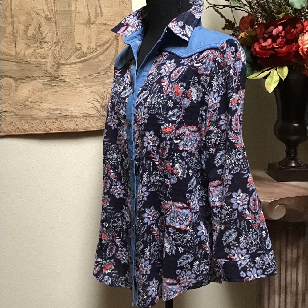 Reba Navy and Red Floral Button Down Shirt